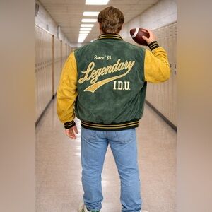 Vtg  I.O.U. Legendary Jacket Mens XLGreen/Gold Suede Sleeves Bomber  80’s/90’s